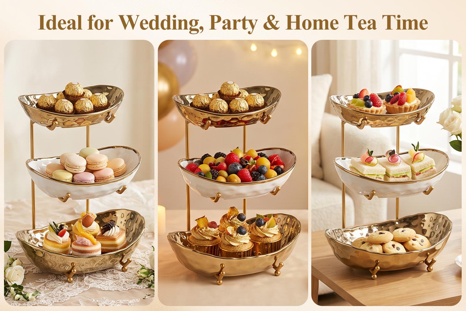 3-Tier Ceramic Fruit Bowl with Gold Metal Stand & 3 Gold Fruit Forks, Modern Kitchen Counter Fruit Basket & Countertop Organizer for Fruit, Snacks, Desserts, Bread & Vegetables
