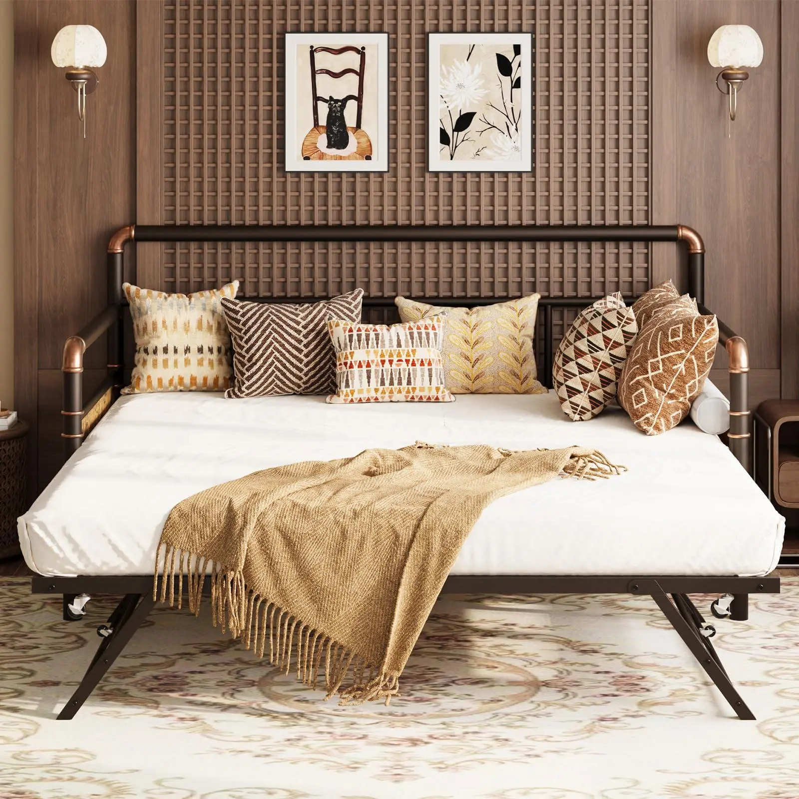 Gaomon Twin Metal Industrial Bed Frame - Sturdy Platform Daybed with Pop-Up Trundle, Steel Slat Support, Convertible Sofa Bed for Kids/Adults, Easy Assembly, Brown, Sturdy Platform Bed