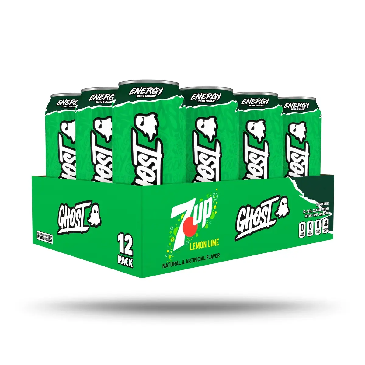 Ghost x 7UP Lemon Lime 0 Sugar Caffeinated Energy Drinks, 16 fl oz (473 mL) 12-Pack, Chilled Serve Sports Beverage