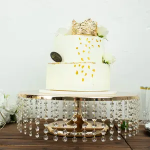 Metal Chandelier Cake Stand 18" Round Metallic Gold with Hanging Crystal Chains - Cupcake Dessert Display Centerpiece