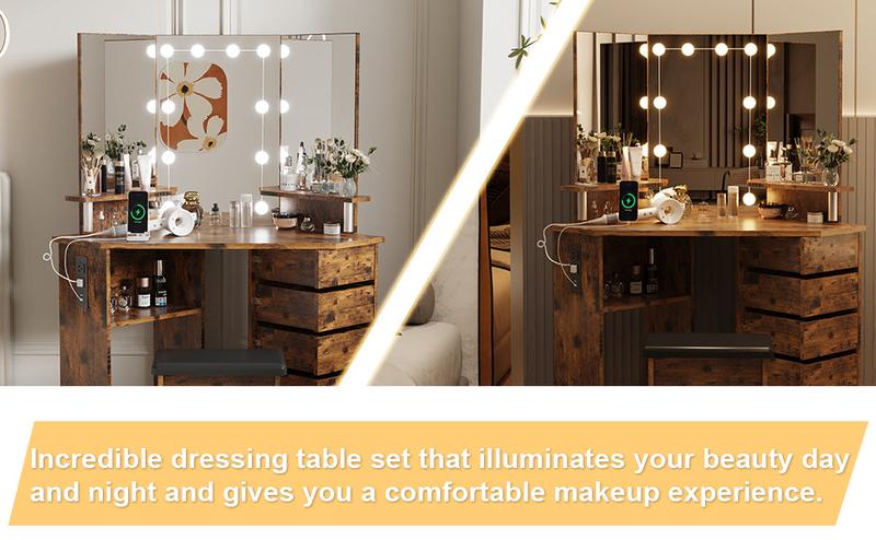 【Restock Sale】GARVEE Makeup Vanity Desk with Adjustable Lights, Power Outlet, and 5 Rotating Drawers - Stylish Corner Dressing Table with Shelves and Stool for Women and Girls, Perfect for Makeup and Beauty Routine.
