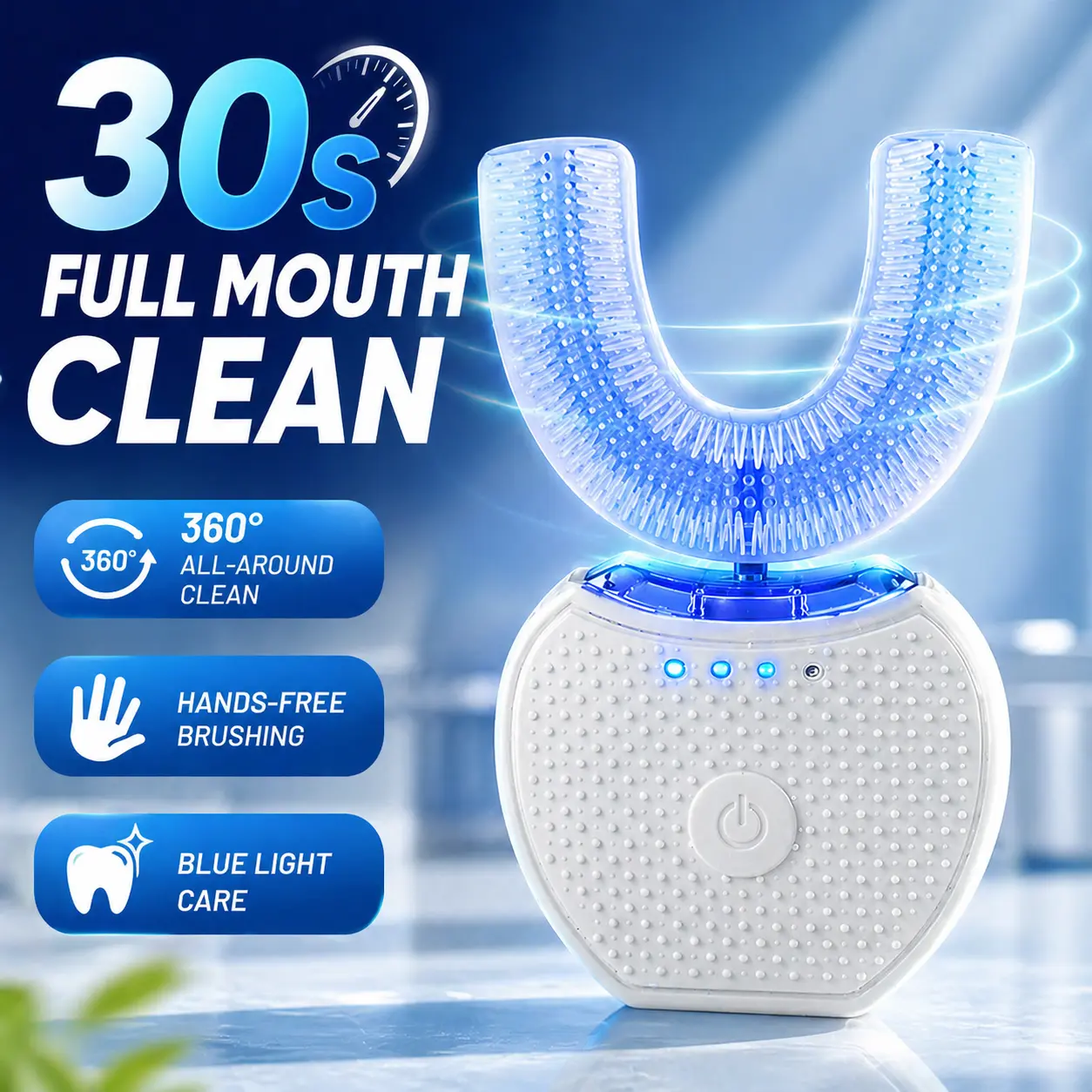 360° U-Shaped Sonic Toothbrush with Blue Light | Smart Hands-Free Full Mouth Cleaning, 3 Modes, USB Rechargeable