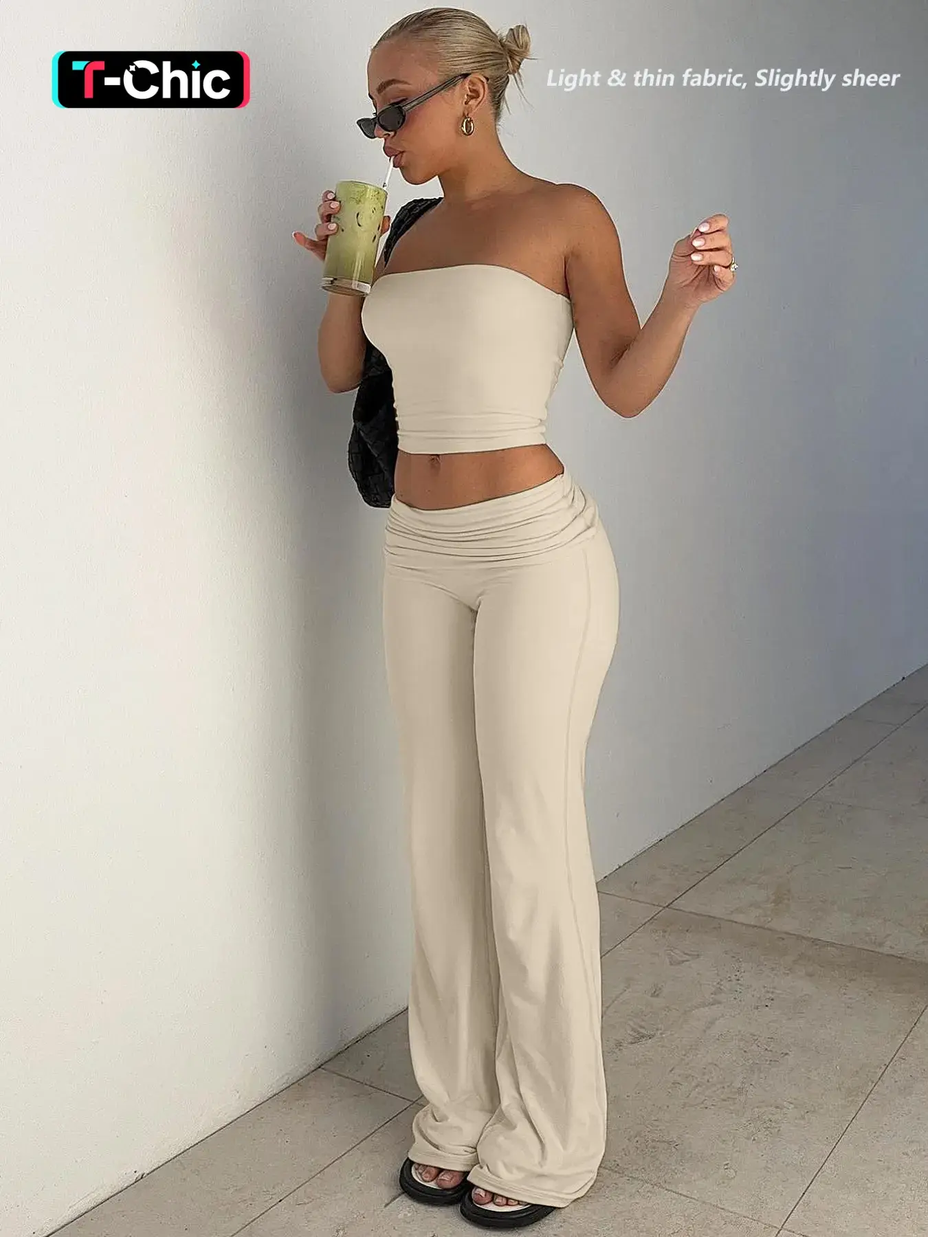 Two-Piece Set Women's Solid Basic Crop Strapless Fitted Tube Top & Foldover Waist Flare Leg Pants, Everyday Casual Fashion Cozy Fabric Outfits for Daily Outdoor Wear, Ladies Clothes for Summer, Casual Lounge Set
