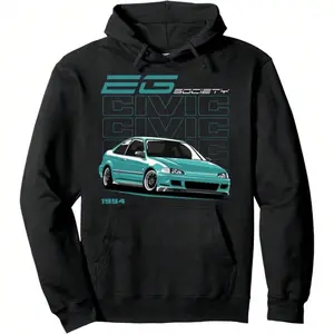 Men's Civic EG Car Society Graphic Hoodie - Cotton Blend Black Long Sleeve Pullover Regular Fit |   Soft & Breathable Fabric, Durable Print, Everyday Comfort, Machine Washable, vintage car graphic car enthusiast