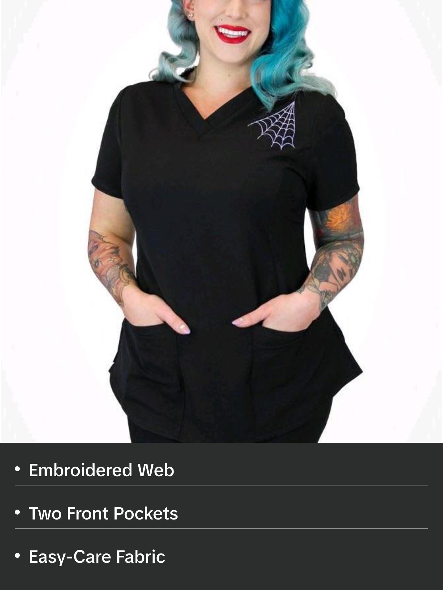 Medical and Veterinary Women's Rounded V-Neck 2-Pocket Spiderweb Scrub Top / Made in USA / Adult Uniforms