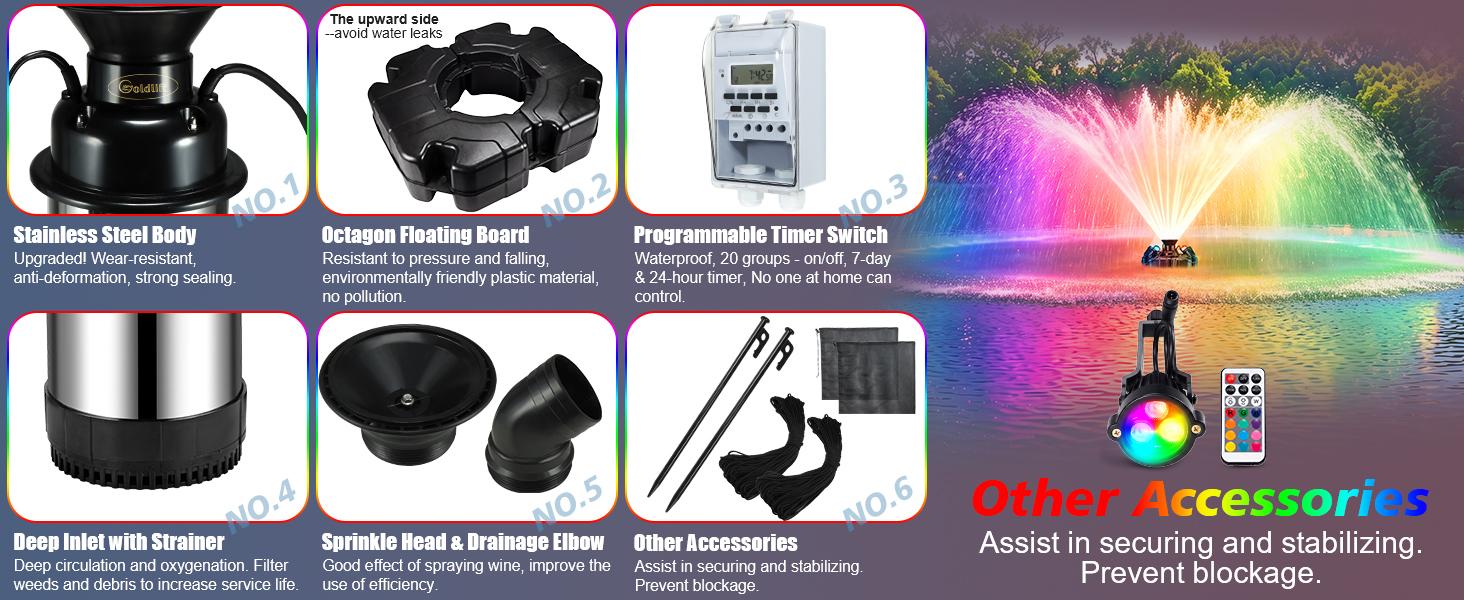 Goldlife Pond Fountain Aerator F4, With 4 RGB Lights, 110V 1HP 750W 15000GPH, 100FT Power Cord, Powerful Aerating Fountain Pump for Outdoor Small Large Pond Lake Garden Jet Fountain System