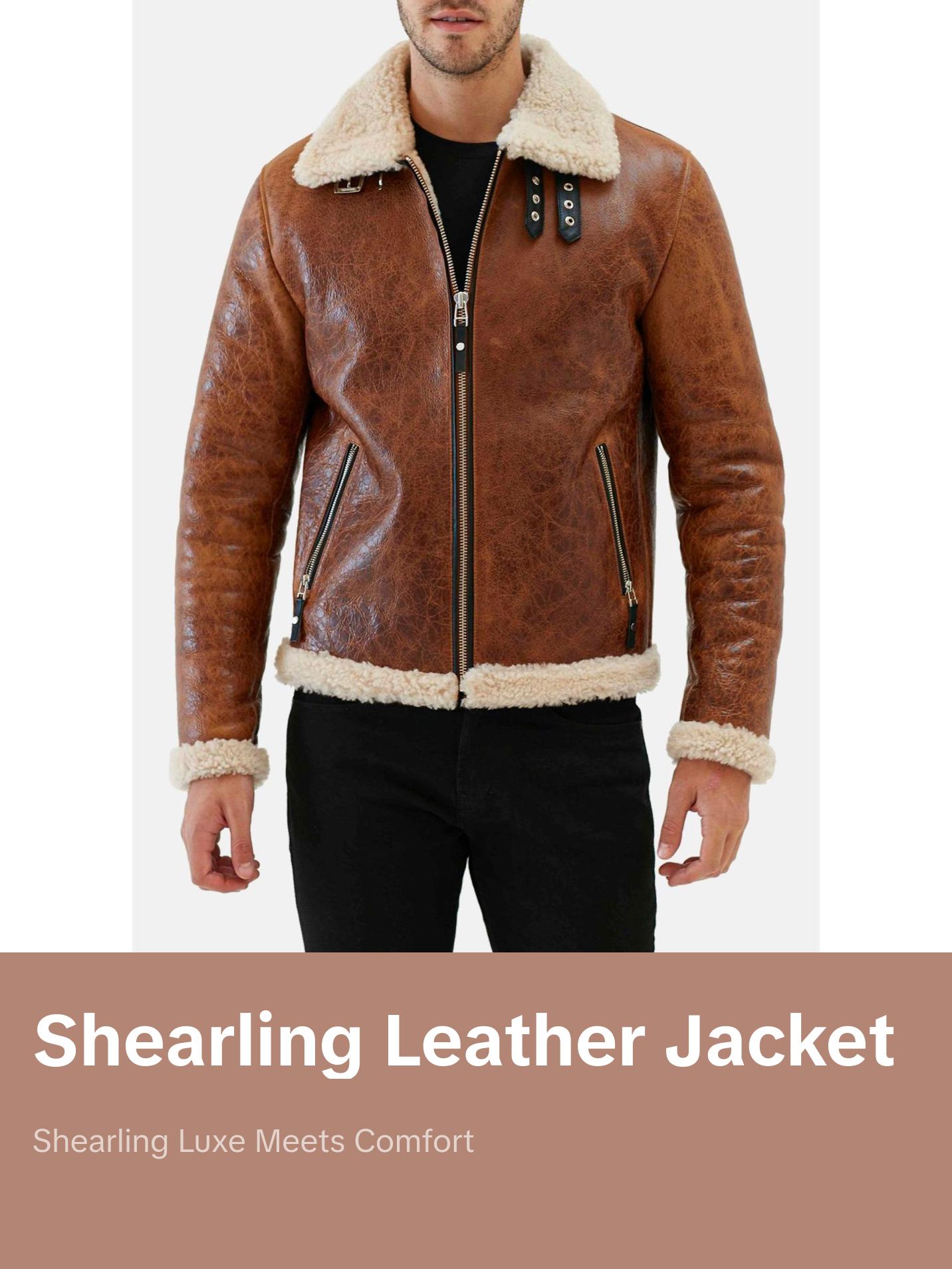 Mens Distressed Brown Shearling Leather Jacket