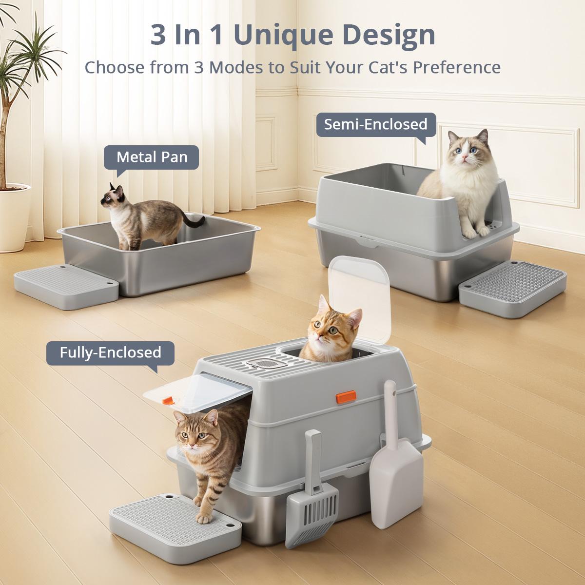 DOMIPET 3IN1 Stainless Steel Cat Litter Box 20L with Lid, XL Cat Litter Pan, Enclosed Metal Litter Box with 2x Litter Scoop & Filter Pedal, Front & Top Dual Entry, Large Metal Litter Box High Sided Design,Anti-Urine Leakage, EasyCleaning