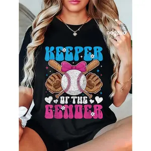 Women's Keeper of the Gender Graphic T-Shirt, Casual Cotton Round Neck Streetwear for Baseball or Bows Gender Reveal Party