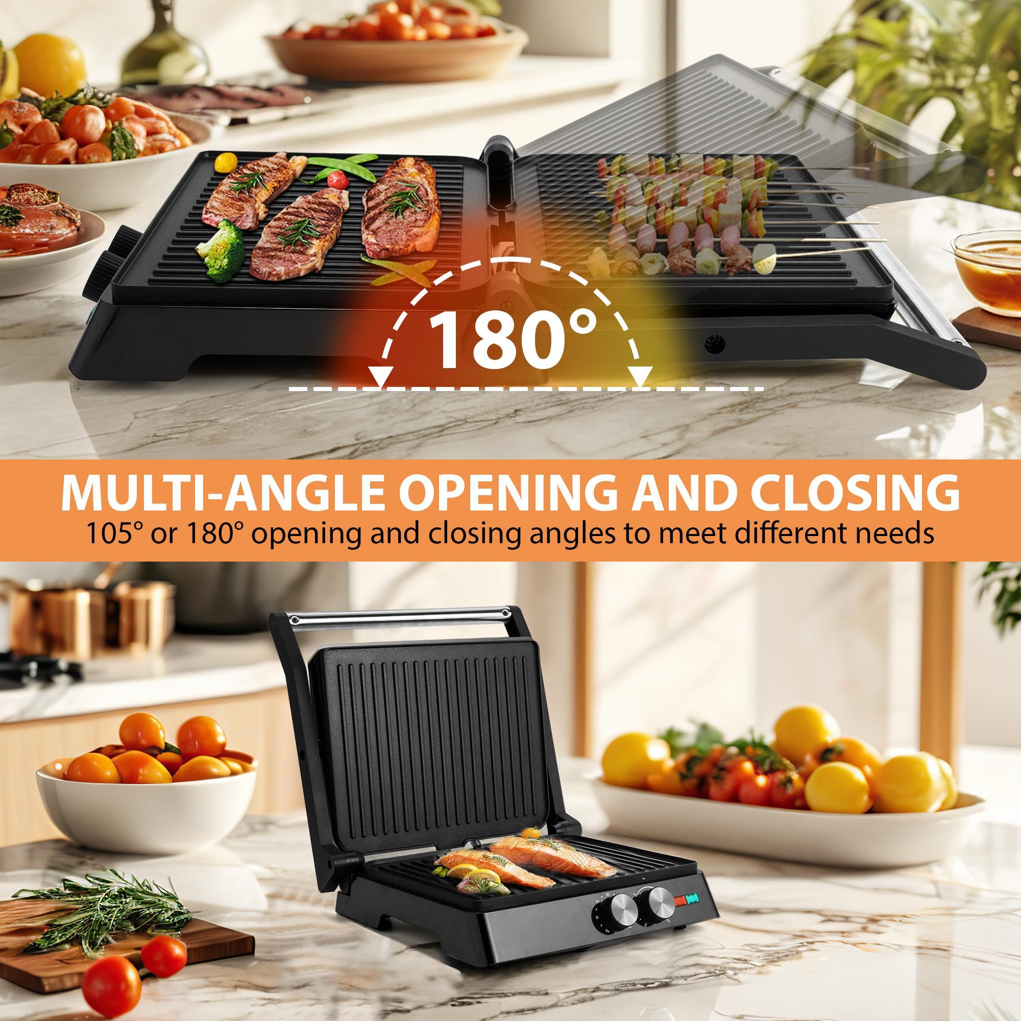 SUSTEAS Indoor Electric Grill -Panini Grill with Non-Stick Cooking Plate, Gourmet Grill with 180 Degrees of Adjustability, with Grease Collection Tray