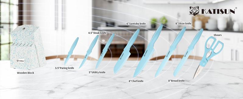 14 Pieces Blue Kitchen Knife Block Set , Anti-Rust Color Titanium Coated Carbon Steel, 12 Knives with Kitchen Shears and Block, Dishwasher Safe,TikTokShopBlackFriday