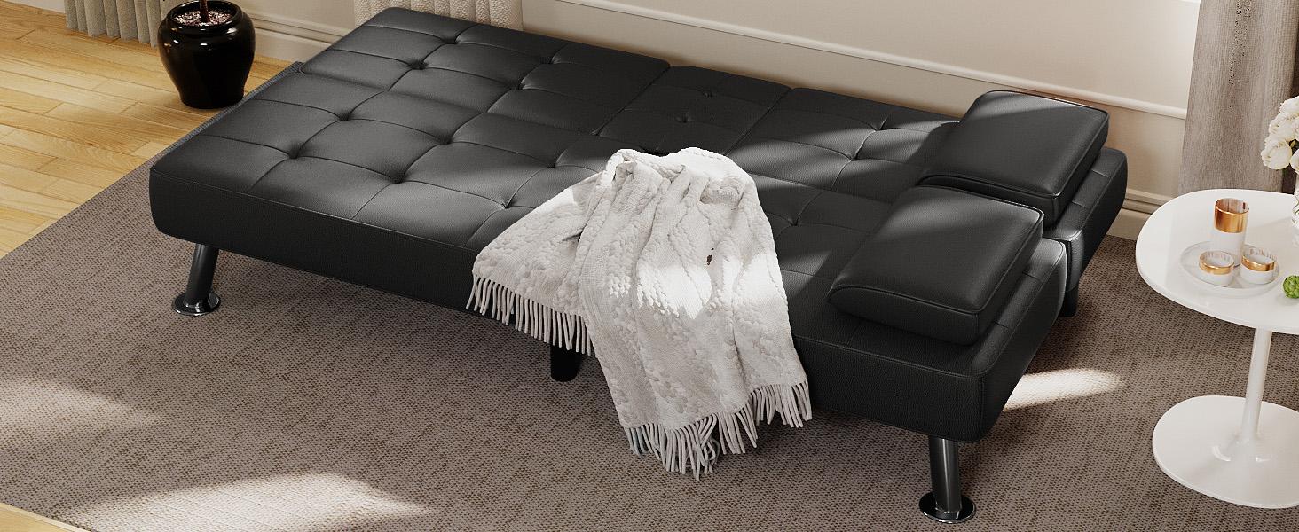 Futon Sofa Bed, Leather Futon Couch with Removable Armrests, Adjustable Recliner Sleeper Sofa Bed with Dual Cup Holders for Living Room, Apartment, Office (Black)