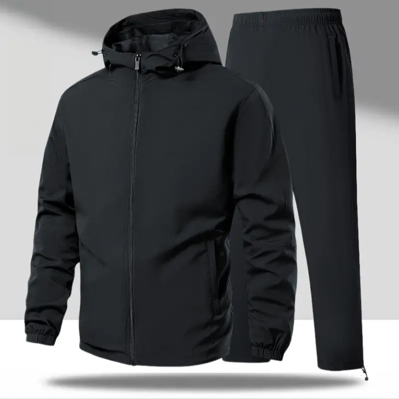 Men’s 2-Piece Hooded Tracksuit – Windproof, Breathable, Durable, Zipper Pockets, Adjustable Fit for Outdoor Activities and Gym