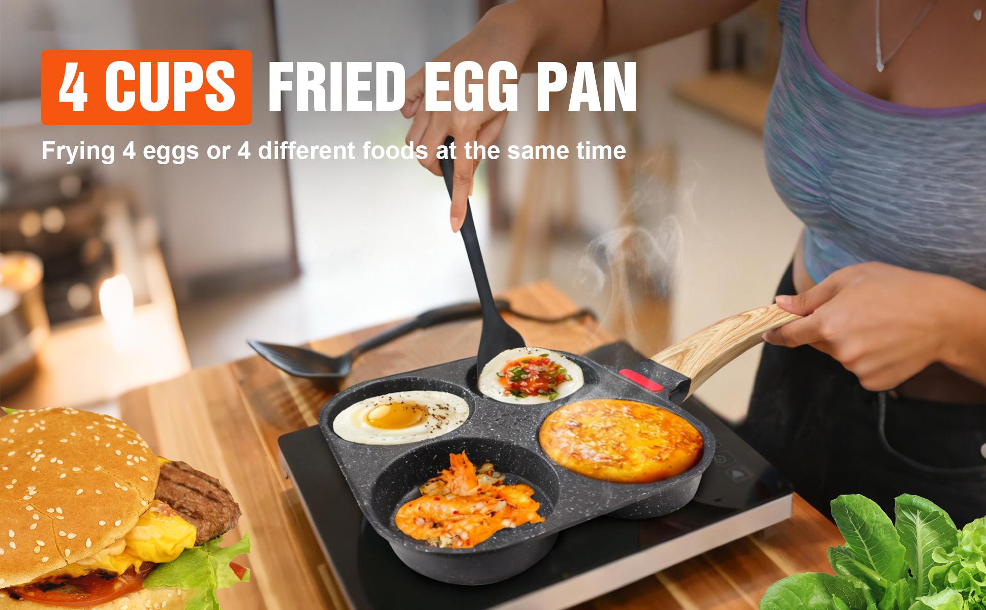 Non-stick Hole Design Egg Frying Pan, 4 Hole Skillet with Handle, Small Egg Fry Pan 3-in-1 Divided Grill Pan, Wooden Handle Stone Omelet Non-stick Cookware, Breakfast Pancake Pan, Kitchen Gadgets for Gas and Induction Cooktops gas stove