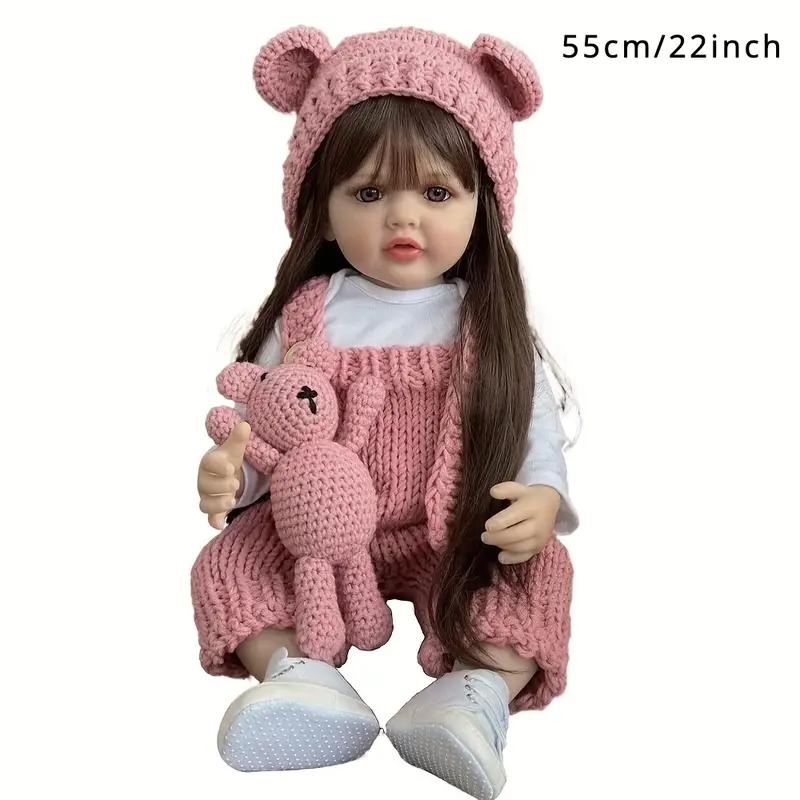 22" Realistic Princess Doll with Long Brown Hair & Pink Bodysuit - Silicone Baby Doll with Teddy Bear Stuffed Animal & Accessories - Sitting & Standing - Perfect Christmas Gift or Birthday Present for Collectors