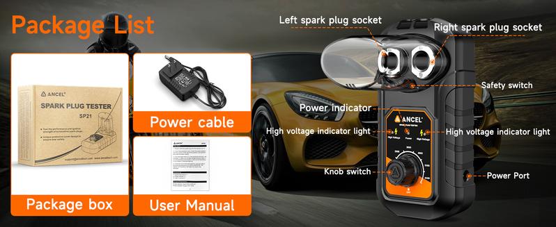 ANCEL SP21 Upgraded Spark Plug Tester, Double Hole Testing Spark Plug Detector, 0 to 6000RPM Adjustable Working Frequency, Automotive Ignition Analyzer Diagnostic Tool for Car & Motorcycle 12V Vehicles
