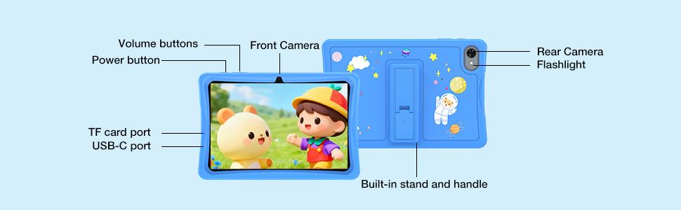 Redbeat B2 tablet for kids, 10.1-inch Android 15 (4+12ext)GB + 64GB, 5G, WIFI, parental controls, protective case, dual cameras, child protection, eye protection, eco-friendly materials, Christmas gift.