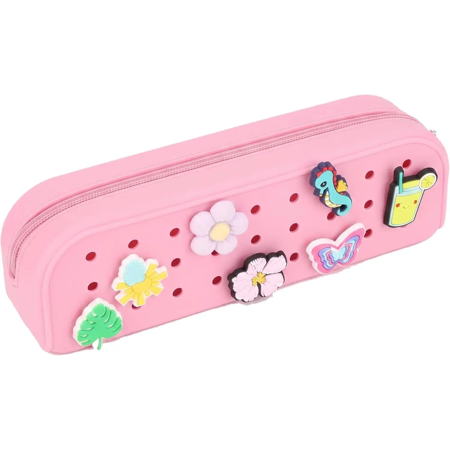 Mr. Pen Small Silicone Pencil Case - Compact Shape, DIY Holes, 20 Playful Charms, Zipper Close | Women's Aesthetic Pencil Pouch for Stationery Storage Organization, Multifunctional Makeup Pouch