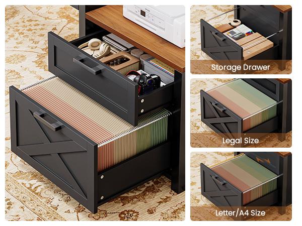 SEDETA 55 Inch Farmhouse Computer Desk with 4 Drawers Power Outlet Gaming Desk with Led Lights Storage Shelves Printer Cabinet