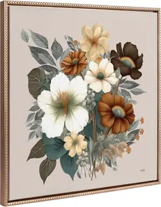 Kate and Laurel Sylvie Beaded Blossom Symphony Vintage Framed Canvas Wall Art by Inkheart Designs, 30x30 Gold, Rustic Fall Floral Bouquet Art for Wall