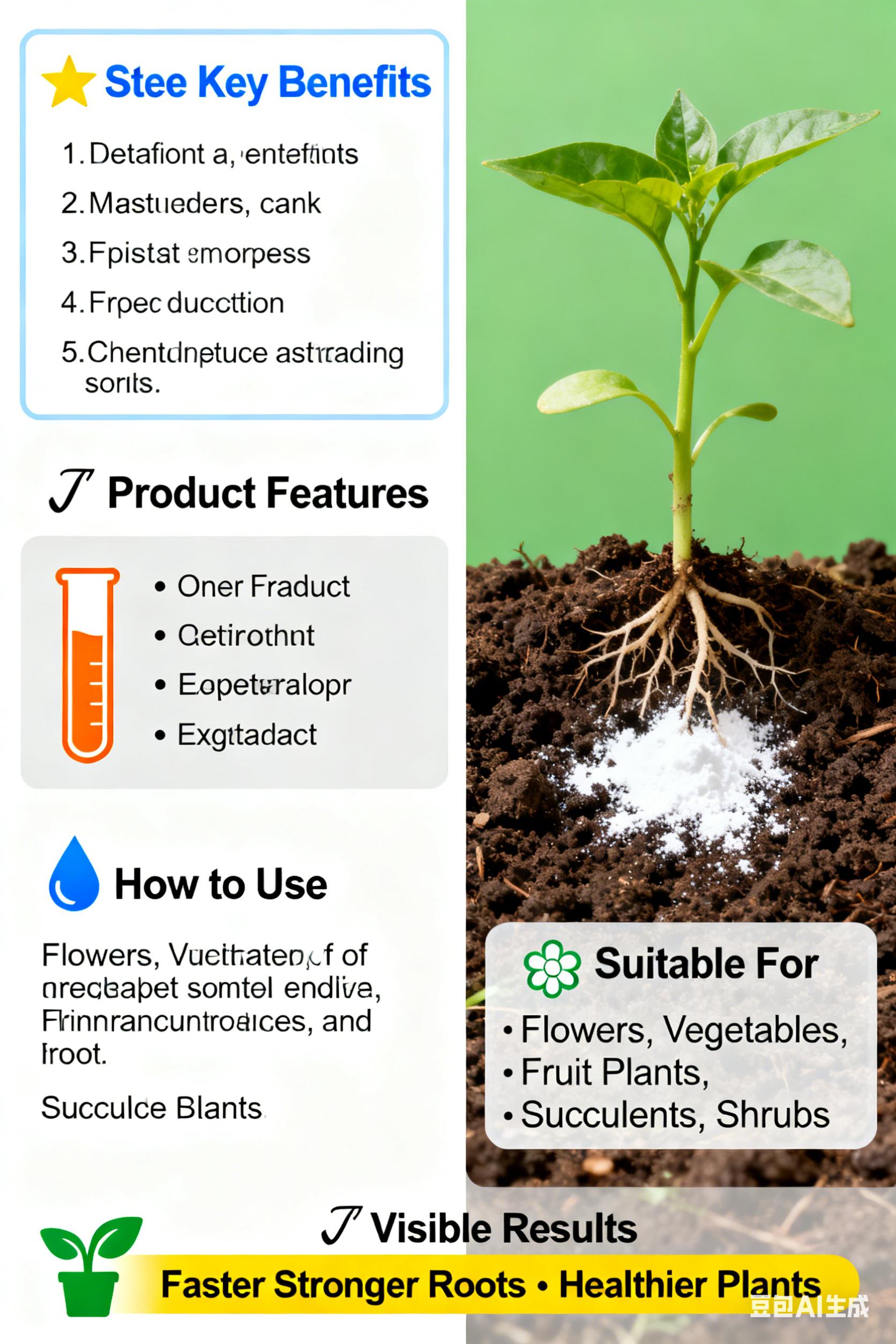 This general-purpose plant rooting powder is suitable for cuttings, seedlings, and transplanting. It is a horticultural plant propagation aid that promotes growth and strengthens the root system.