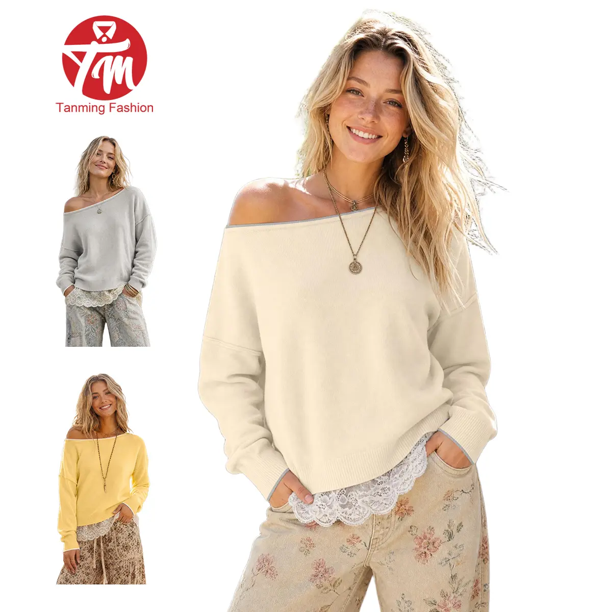 Tanming Women's Slouchy Off-Shoulder Knit Pullover Top, Loose Fit with Contrast Trim Collar,  Delicate Lace Hem, Layered Boho Style for Fall Casual Wear, Soft Knitwear