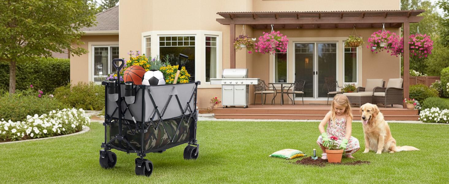 Large Capacity Folding Double Decker Wagon with Brakes, 440 lbs Wagons Carts Foldable Wagon Cart with Flexible Handle, All-Terrain Big Wheels for Grocery Sports Garden Camping