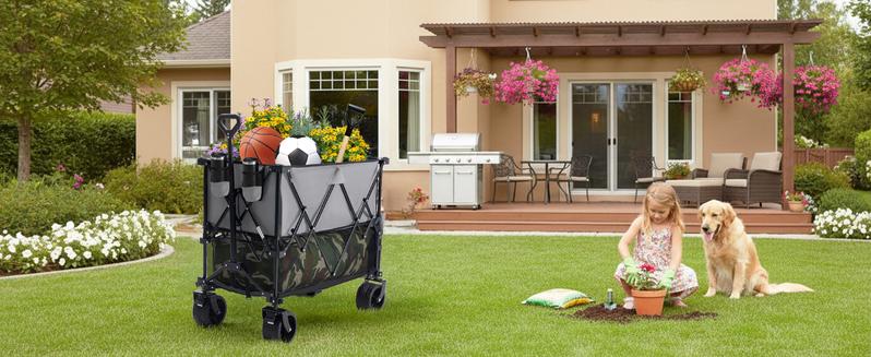 Large Capacity Folding Double Decker Wagon with Brakes, 440 lbs Wagons Carts Foldable Wagon Cart with Flexible Handle, All-Terrain Big Wheels for Grocery Sports Garden Camping