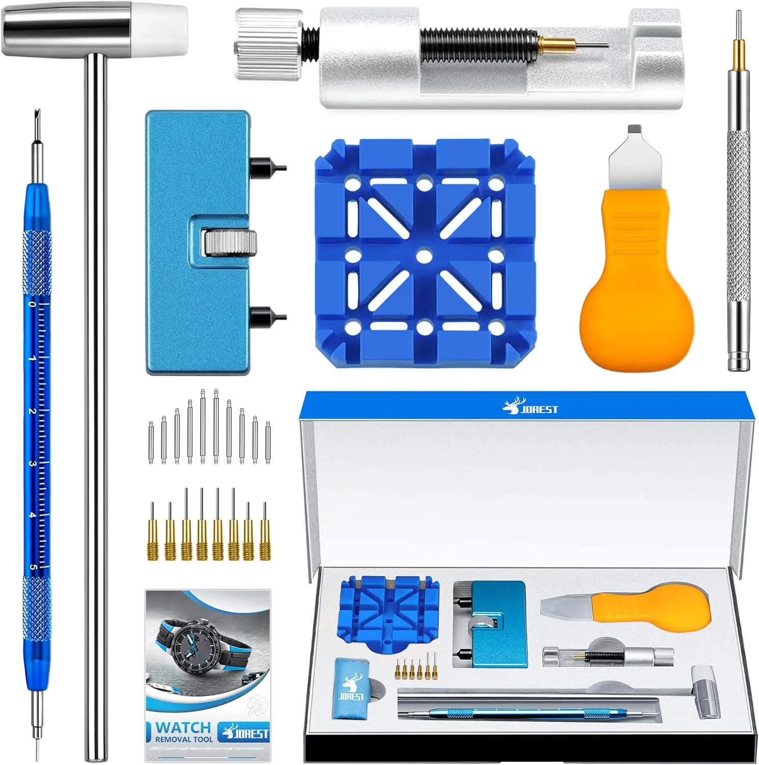 Summerfinds Jorest Portable Hand Tools Watch Repair Toolkit for Efficient Home Watch Fixes, Battery Replacement, Strap Adjustment, Metal-Link Removal, Case Back Opening with Pry Knife, Hammer, Spring Bars, English Pict Guide, Efficient Repair