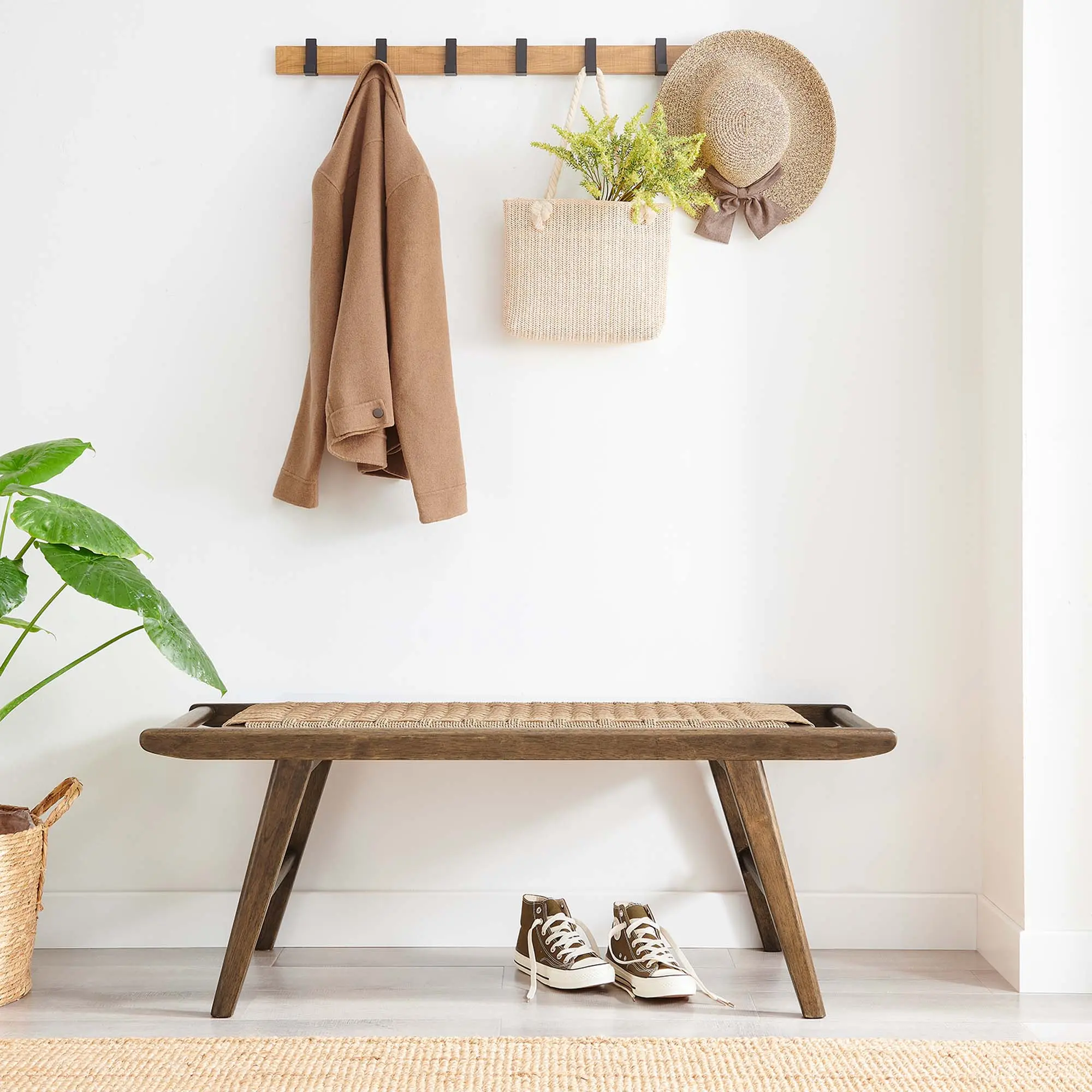 Modway Saoirse 47" Woven Rope Wood Bench - Walnut Natural Finish, Modern Indoor Living Room Furniture, Entryway Sunroom Seating, Basket Weave Design, Assembly Required, Modern Furniture, Side Supports