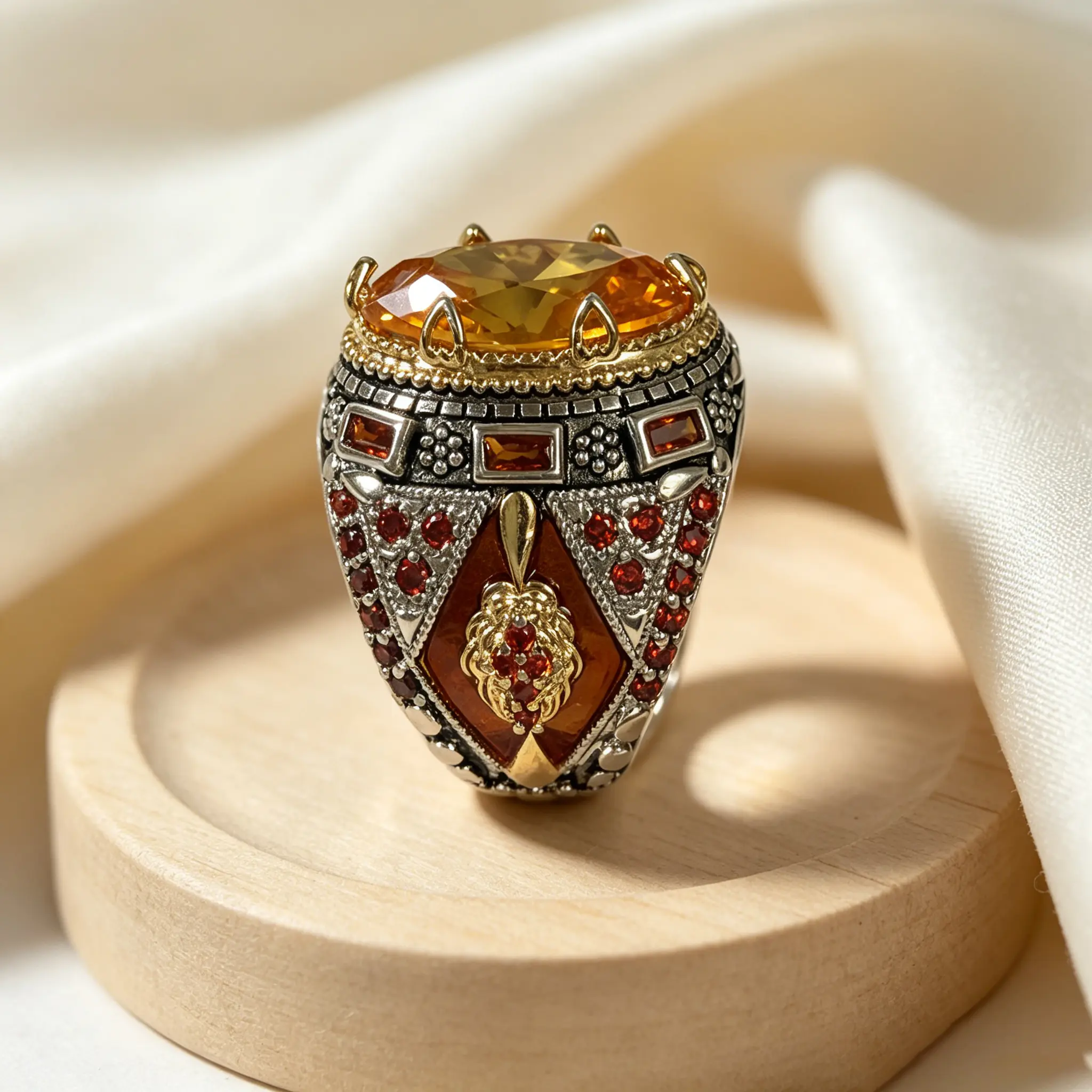 Multi Prong Large Oval Citrine Color Synthetic CZ With Gold Beaded Frame, Vintage Turkish Red Enamel Inlaid Square & Round Red CZ Embossed Floral Statement Cocktail Ring, Unisex Retro Jewelry Gift For Men Women