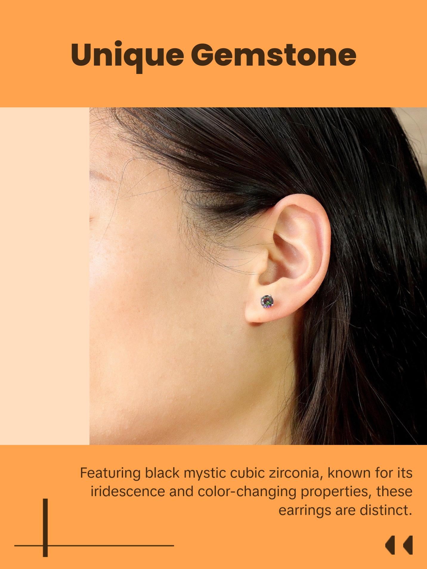 Black Mystic Cubic Zirconia Solitaire Stud Earrings Sterling Silver, Gemstone Earrings