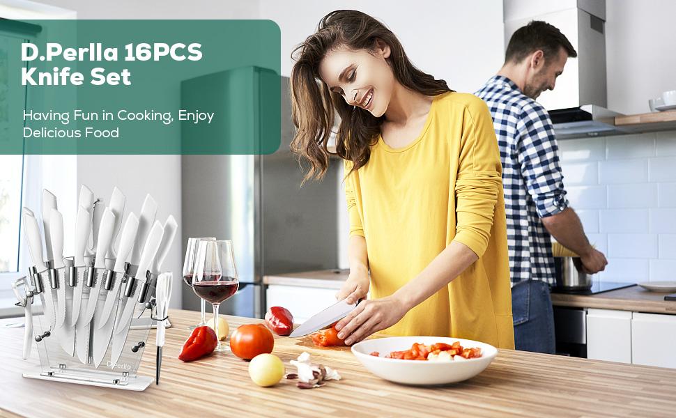 Ceramic Knife Set, D.Perlla 16 Pieces Kitchen Knife Set with Acrylic Stand, High Carbon Stainless Steel, BO Oxidation Knife Block Set, No Rust, Non Slip Handle, Sharp Cover Blade Stylish