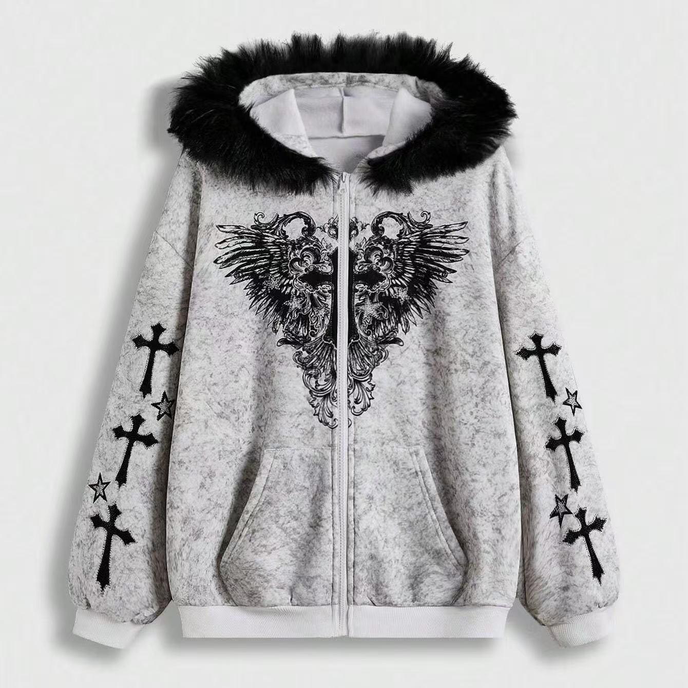 ALIELNOSIRRAH 'Divine Night' Gothic Cross Zip Up Hoodie Faux Fur