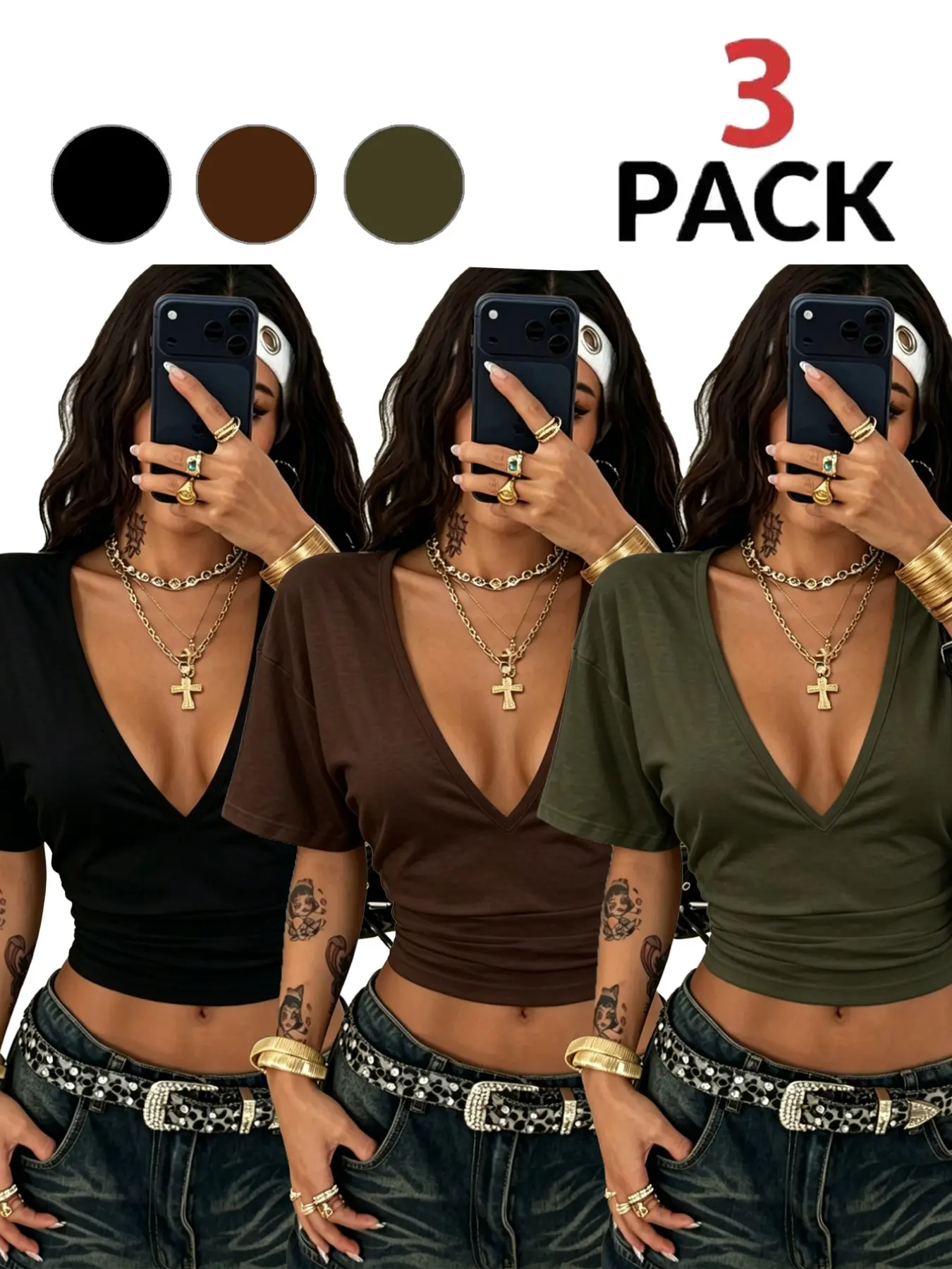3-Pack Women's Deep V-Neck Ruched Waist Cropped T-Shirts, Short Sleeve Summer Tops, Casual Summer Chic, with Body-Flattering Design for Casual Outings and Everyday Wear