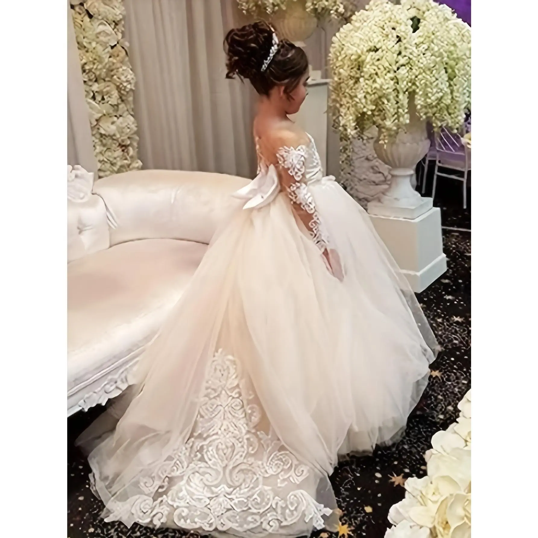 Girls' Elegant Polyester Princess Dress - Puff Sleeves, Big Bow, High-Low A-Line, Round Neck, Extra Long 9-Quarter Length - All Seasons Flower Girl Gown for Weddings & Special Occasions, Nine-Quarter