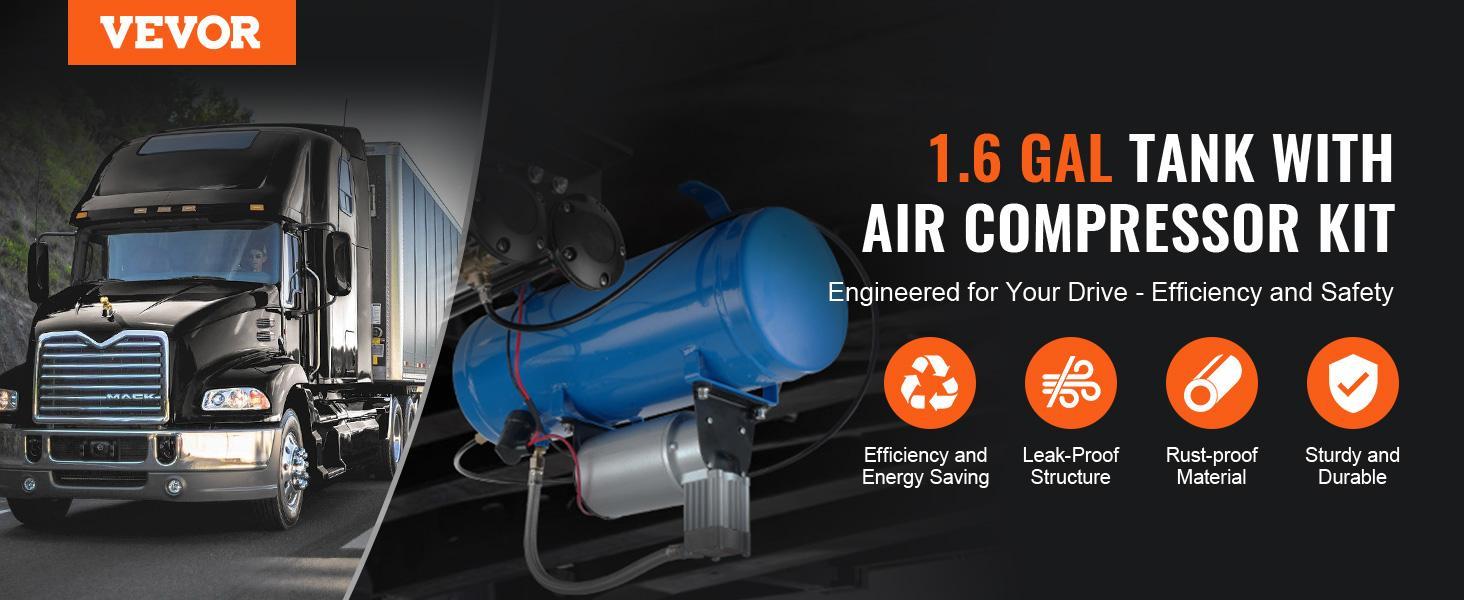 VEVOR 12V Air Compressor with Tank 1.6 Gallon/6 L, Train Horn Air Compressor, 120 psi Working Pressure Onboard Air Compressor System for Train Air Horns, Inflating Tires, Air Mattresses