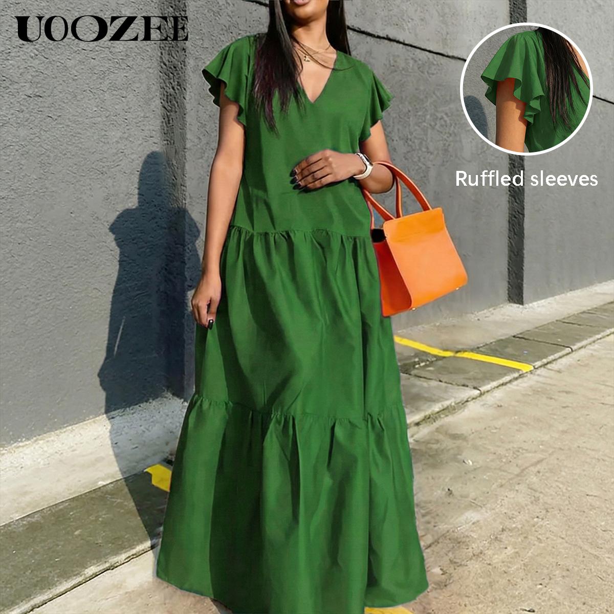 UOOZEE Women's Bright Chic Loose Short Sleeve Pleated Pocket Solid Color Slit V-Neck Maxi Dress Summer Casual Basic Cotton Blend Machine Washable Holiday Dress Womenswear Minimalist (Size is one size larger, it is recommended to order one size smaller)