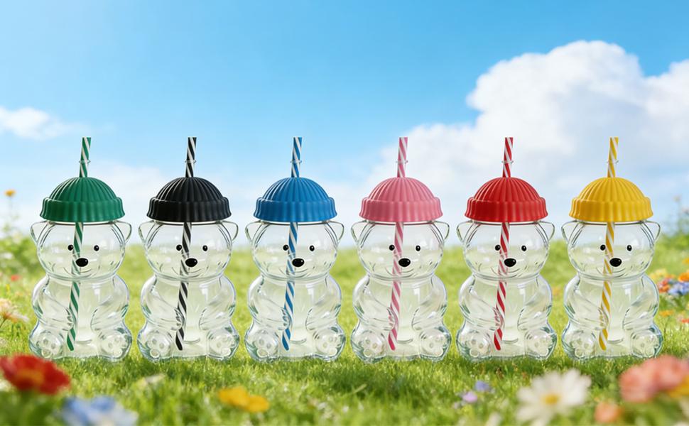 Viral Bearista Cold Cup for 2026 Holiday Collection Nostalgia Cute Bear Cup With Striped Straw 20oz High-Quality Glass Tumbler for Smoothies Boba & Beverage  Iced Coffee Glass Gifts colorful glass cup practical gift