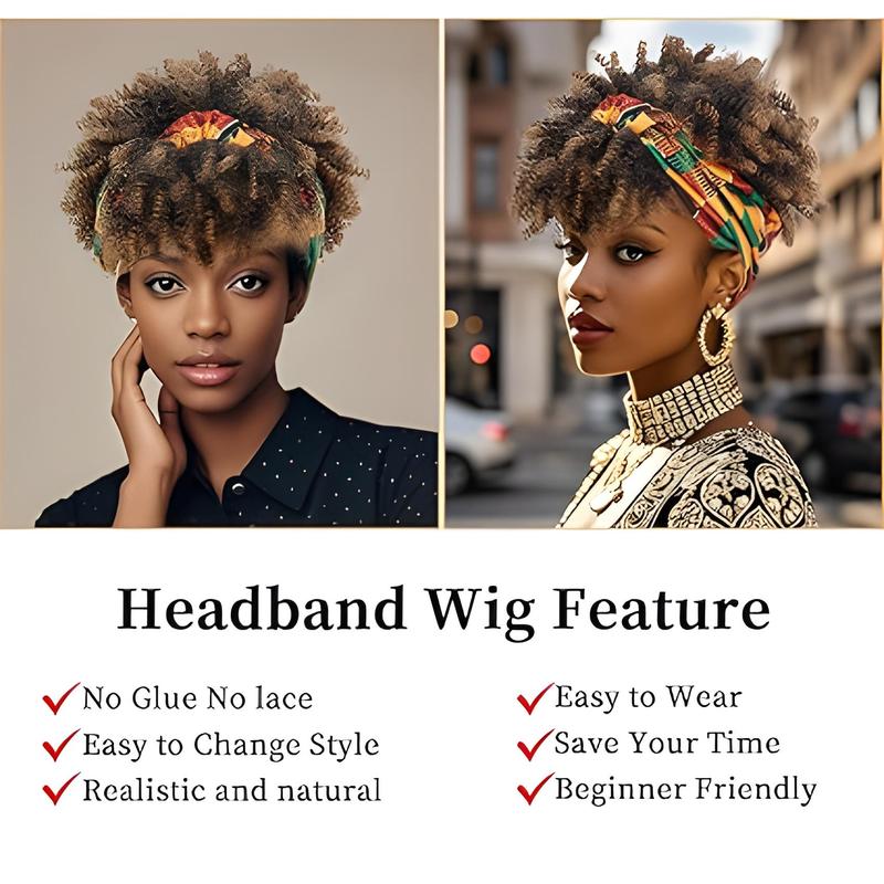 8inch Afro Headband Wig Kinky Curly Hair Wig with Bangs for Black Women Synthetic Turban Style Headband Wig Kinky Curly 2 in 1 Head Wrap With Headband Attached for Party Daily Use