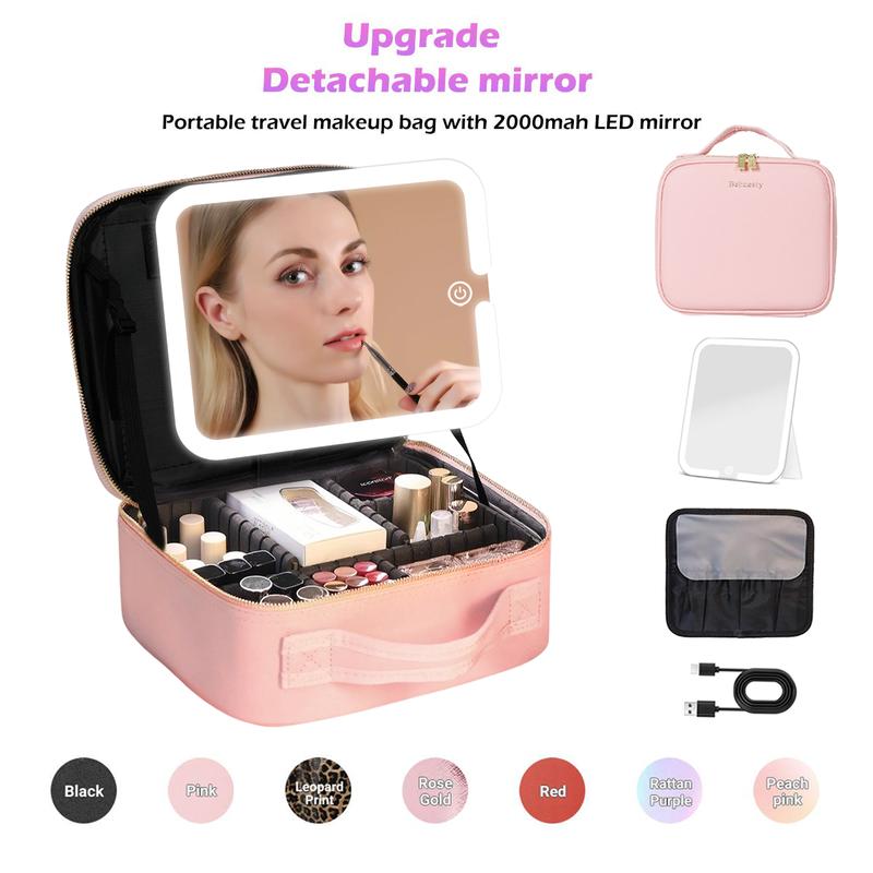 Behaesty Portable Makeup Bag with 3-Color LED Light Detachable Mirror 2000mAh USB Rechargeable Waterproof PU Leather Organizer Compact Travel Cosmetic Pouch Vanity Purse  Zip TikTokShopBlackFriday