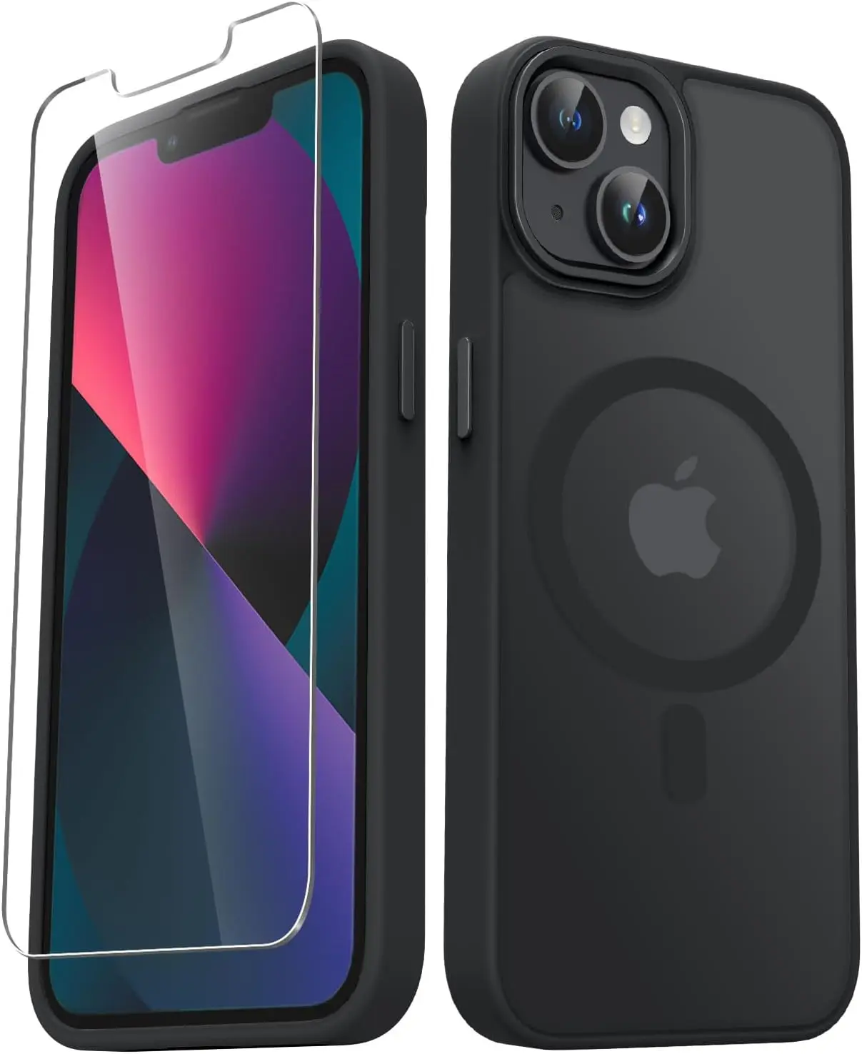 Magnetic Slim Protective Phone Case with Screen Protector for iPhone 13/14 - MagSafe-Compatible Polycarbonate Cover, Shockproof, Matte Translucent Frosted Back, Scratch-Resistant, Lightweight, Polyurethane, Non-Slip, Secure, Anti-Drop, Dustproof Accessory