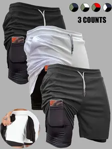 Men’s 3-Pack Double-Layer Shorts — Summer Quick-Dry 2-in-1 Bermuda Athletic Shorts for Casual Wear, Fitness, and Jogging, Stretch, Breathable, Phone-Pocket Design