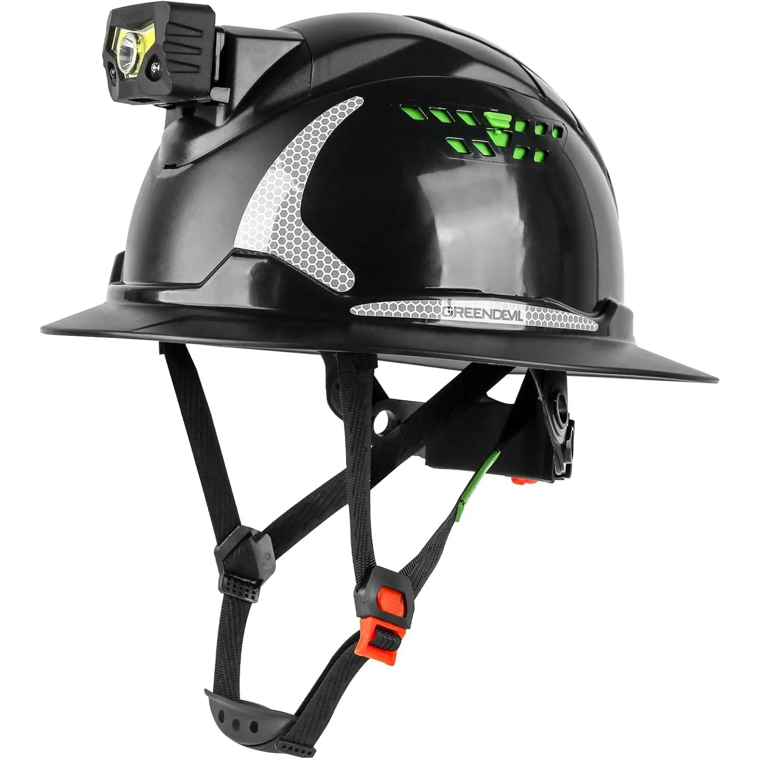 Men's Full Brim Hard Hat with Hands-Free LED Headlight - 1.9 lbs/1.9lb Vented High-Impact HDPE Safety Gear, Work Safety Equipment, 6-Point Suspension, Lightweight, Sun Glare Protection, Weather Shield, Chin Strap for Industrial Work, 1.9 Pounds