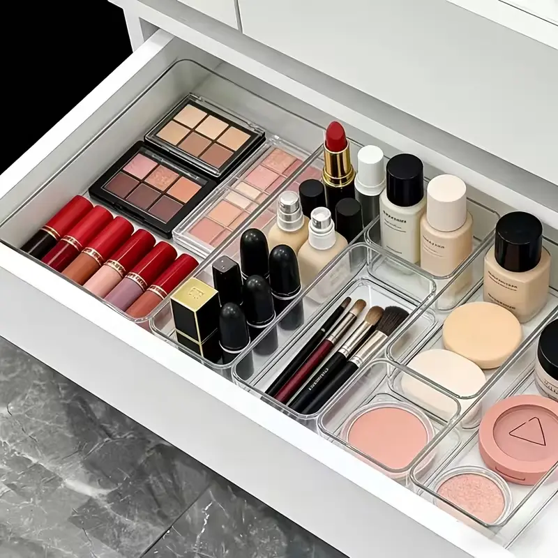 8-Piece or 25-Piece Clear Drawer Organizer Set, 4 Sizes Stackable Plastic Storage Trays, Transparent Desktop Bins for Makeup, Jewelry, Kitchen Utensils, Office Supplies, Bathroom & Medicine Cabinet - Customizable Storage Solution