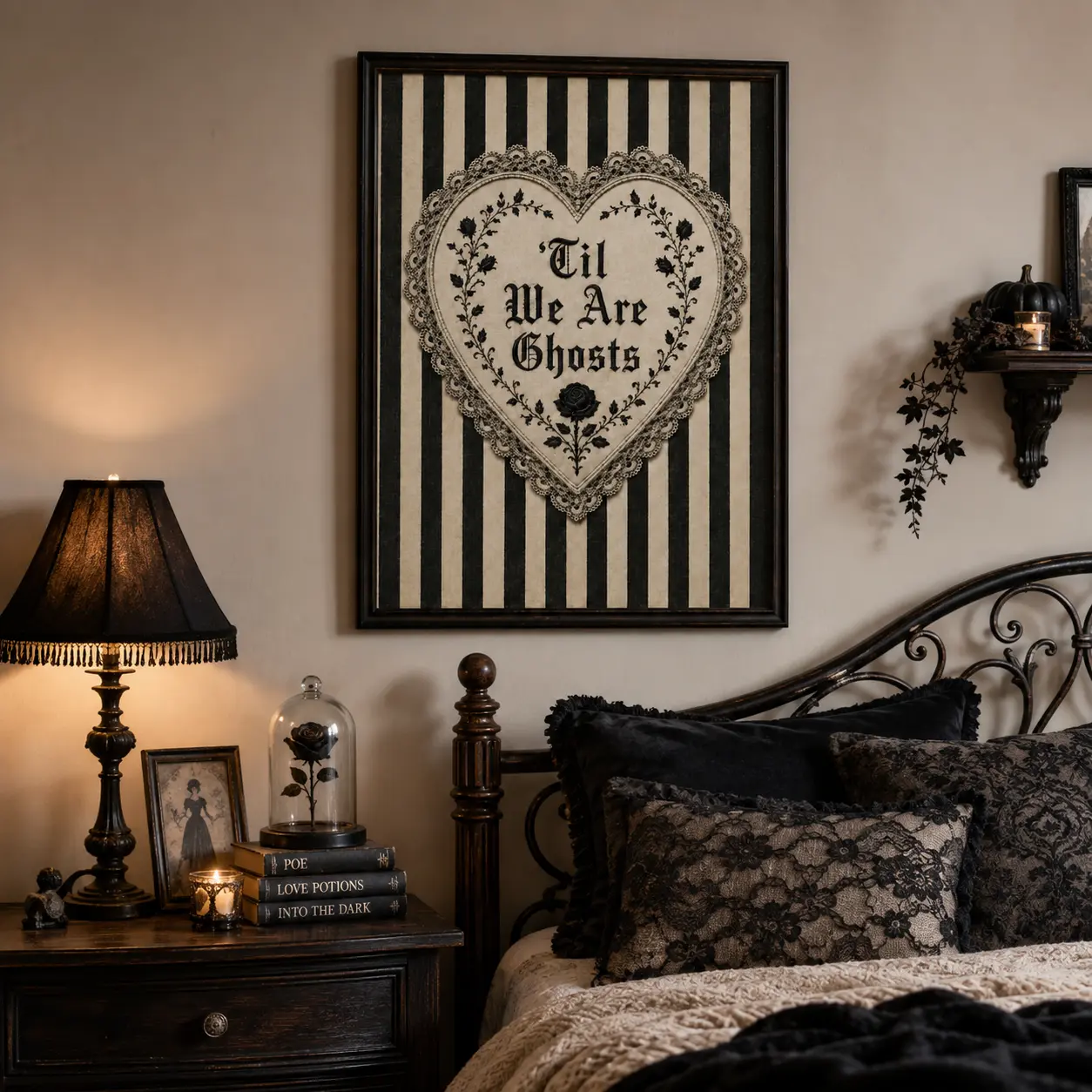 Til We Are Ghosts Gothic Poster, Victorian Lace Heart Wall Art, Black and Cream Striped Dark Romance Print, Vintage Spooky Wedding Decor for Bedroom Living Room