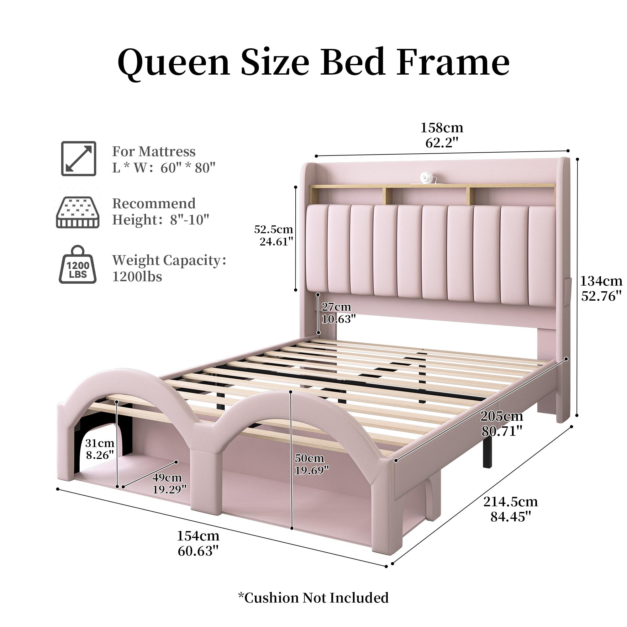 Sibeds Aurora Queen Bed Frame with 2-Tier Storage Headboard, Faux Leather Platform Bed with Galaxy Star Projector, Scratch-Resistant Upholstered Bedframe with Pet Rest Area for Dogs Cats, White / Black / Gray / Pink