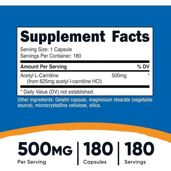 Nutricost Acetyl L-Carnitine (ALCAR) 500mg, 180 Capsules, 180 Servings -  Non-GMO and Gluten Free, 1 Capsule per Serving