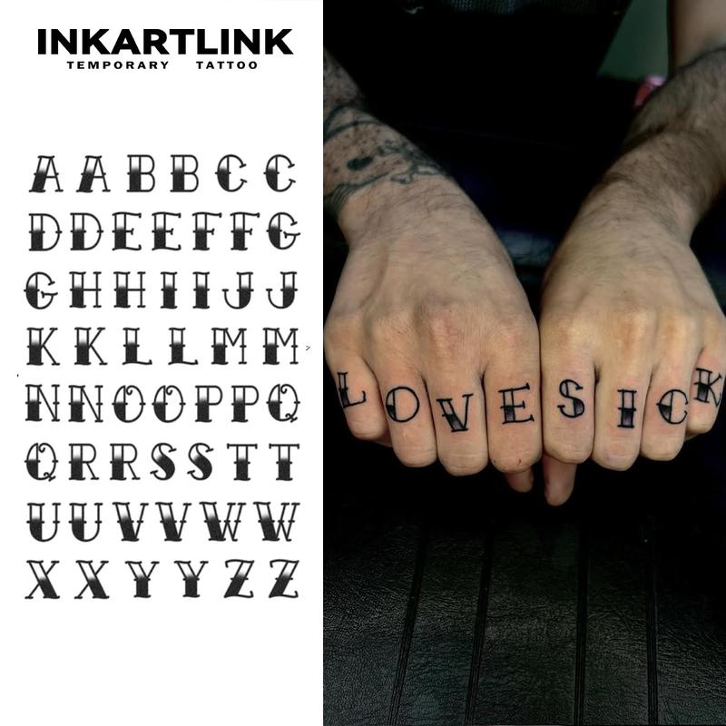 INKARTLINK Tattoo Tech,Alphabet Series, 2 Sheets Extra large Semi Permanent Tattoo, Adult Art Design Temporary Tattoos, Lasts 1-2 Weeks, Waterproof, Realistic Look, No Adhesive, No Reflection (English alphabet)