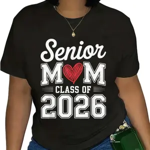 100% Cotton Senior Mom Class of 2026 Proud Parent Graduation Tee T-Shirt Classic Fit Crew Neck Short Sleeves Soft Breathable Material